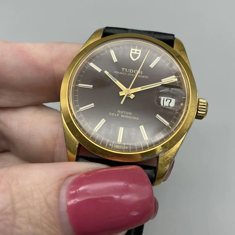 Vintage Tudor Prince Oysterdate Mens Watch 34mm Brown Dial Gold Plated Automatic